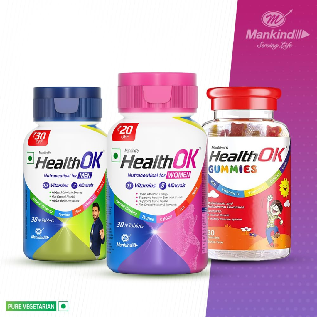 Mankind Health OK Women Multivitamin 30 Tablets – Strawberry Flavour, Pure Vegetarian, 19+ Essential Vitamins & Minerals with Biotin & Ginseng | Hair Skin Nails, Energy & Bone Health Support