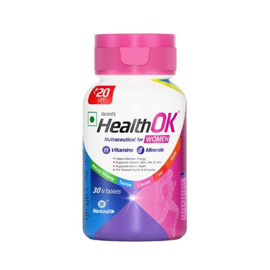 Mankind Health OK Women Multivitamin 30 Tablets – Strawberry Flavour, Pure Vegetarian, 19+ Essential Vitamins & Minerals with Biotin & Ginseng | Hair Skin Nails, Energy & Bone Health Support