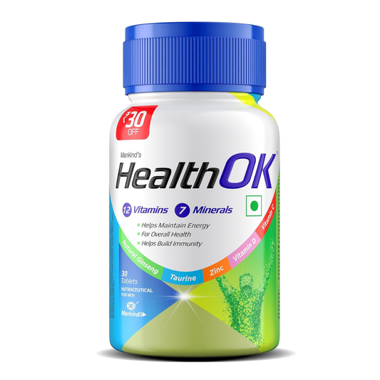 Mankind's Health OK Multivitamin with Natural Ginseng, Taurine Power, Daily Energy, Alertness, Vitamin D, C & Other 18 Multivitamins Minerals, For Overall Health,30 Tablets (Veg) X Pack Of 1