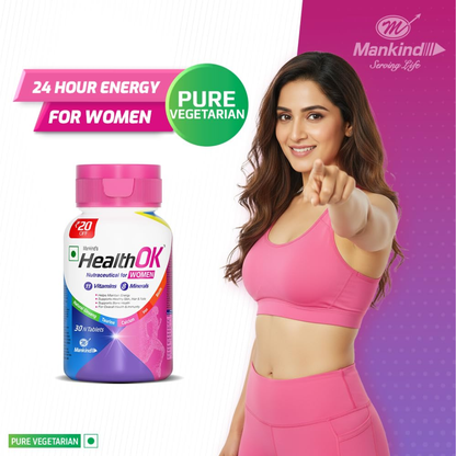 Mankind Health OK Women Multivitamin 30 Tablets – Strawberry Flavour, Pure Vegetarian, 19+ Essential Vitamins & Minerals with Biotin & Ginseng | Hair Skin Nails, Energy & Bone Health Support