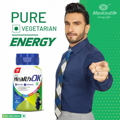 Mankind's Health OK Multivitamin with Natural Ginseng, Taurine Power, Daily Energy, Alertness, Vitamin D, C & Other 18 Multivitamins Minerals, For Overall Health,30 Tablets (Veg) X Pack Of 1