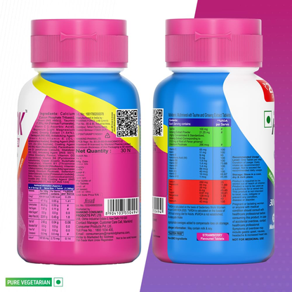 Mankind Health OK Women Multivitamin 30 Tablets – Strawberry Flavour, Pure Vegetarian, 19+ Essential Vitamins & Minerals with Biotin & Ginseng | Hair Skin Nails, Energy & Bone Health Support