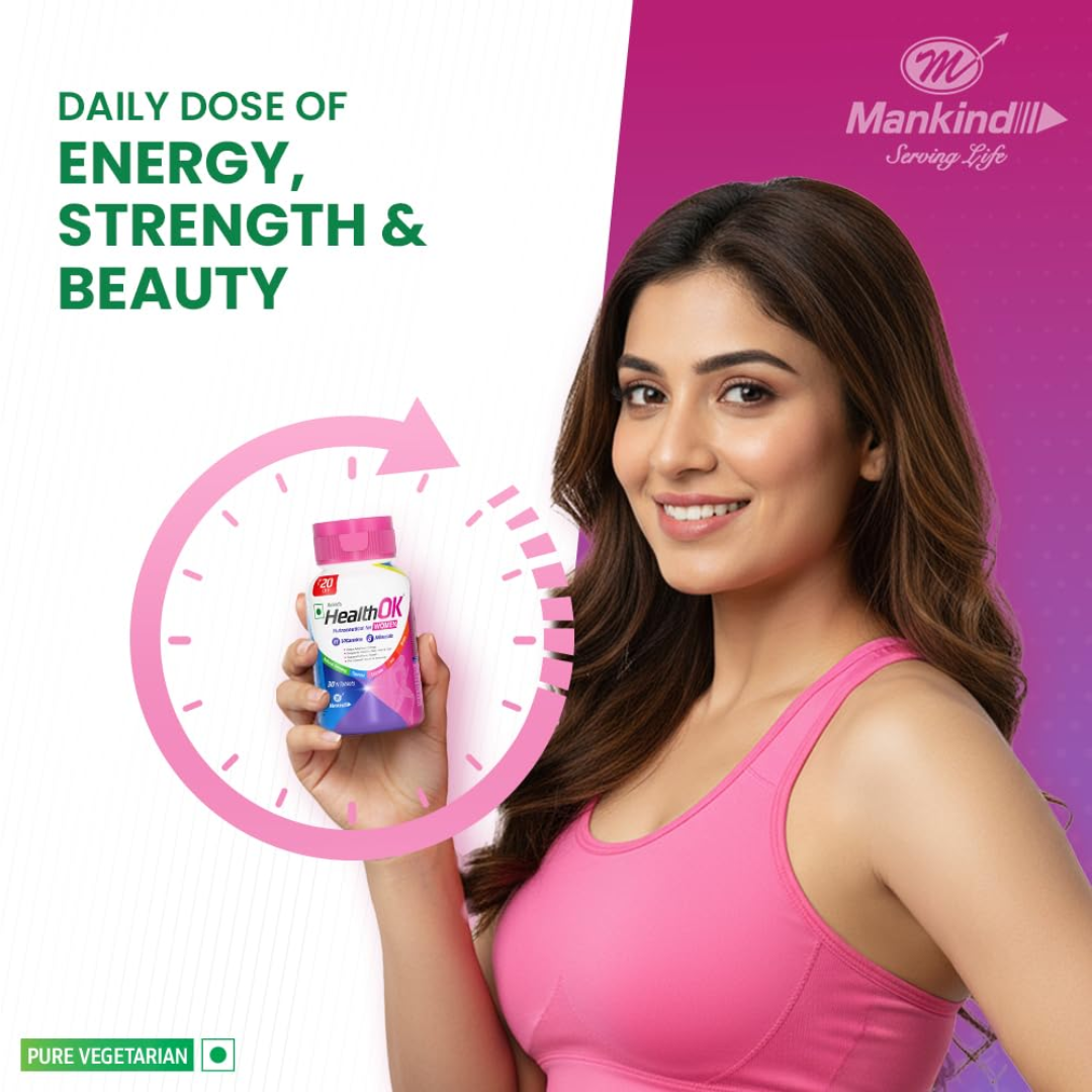 Mankind Health OK Women Multivitamin 30 Tablets – Strawberry Flavour, Pure Vegetarian, 19+ Essential Vitamins & Minerals with Biotin & Ginseng | Hair Skin Nails, Energy & Bone Health Support