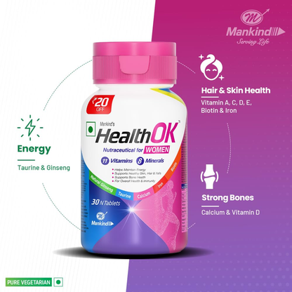 Mankind Health OK Women Multivitamin 30 Tablets – Strawberry Flavour, Pure Vegetarian, 19+ Essential Vitamins & Minerals with Biotin & Ginseng | Hair Skin Nails, Energy & Bone Health Support