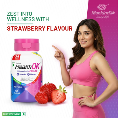 Mankind Health OK Women Multivitamin 30 Tablets – Strawberry Flavour, Pure Vegetarian, 19+ Essential Vitamins & Minerals with Biotin & Ginseng | Hair Skin Nails, Energy & Bone Health Support